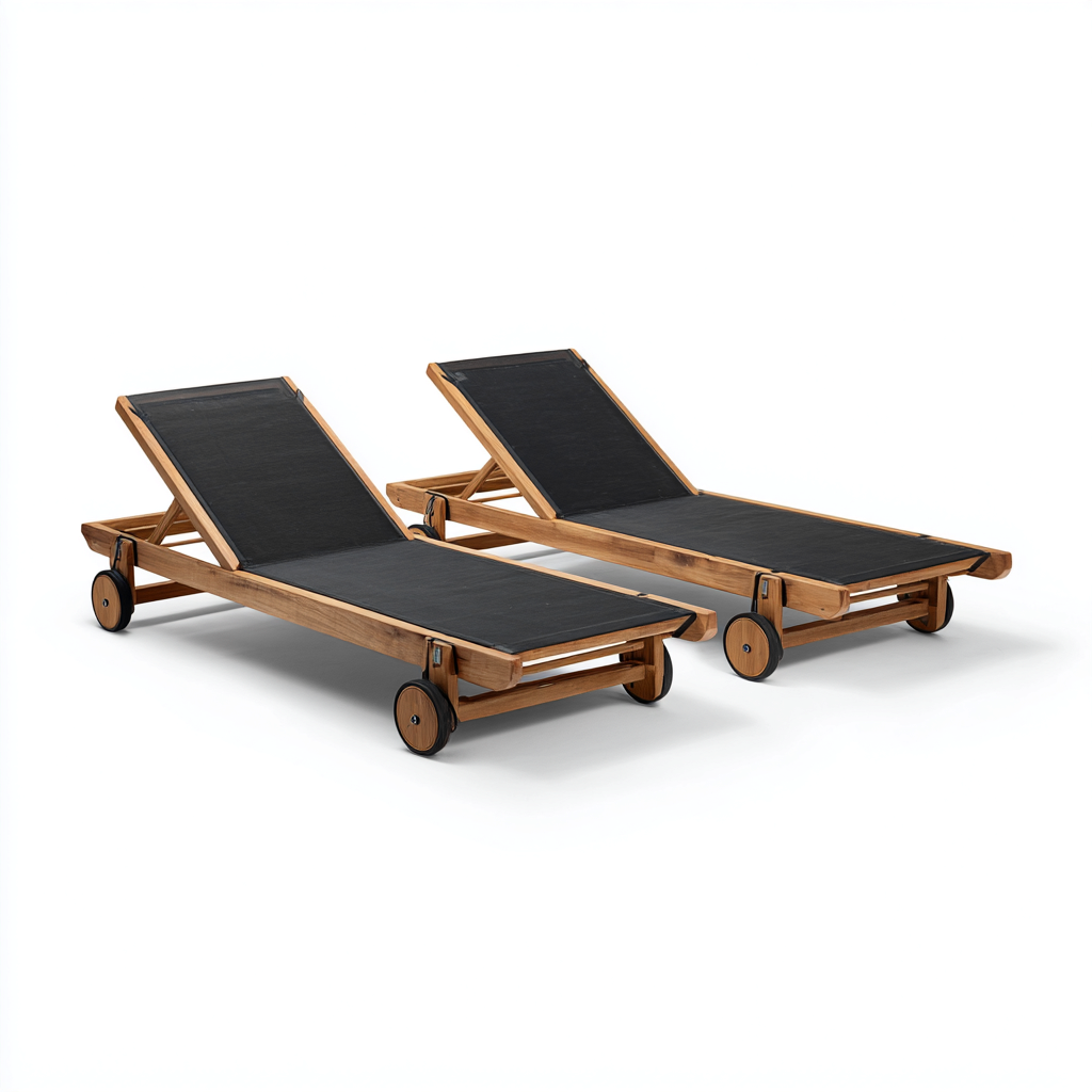 Lettino da sole legno set 2 pezzi 200x65x95 cm - nero - con ruote per esterni - design naturale-villaovae