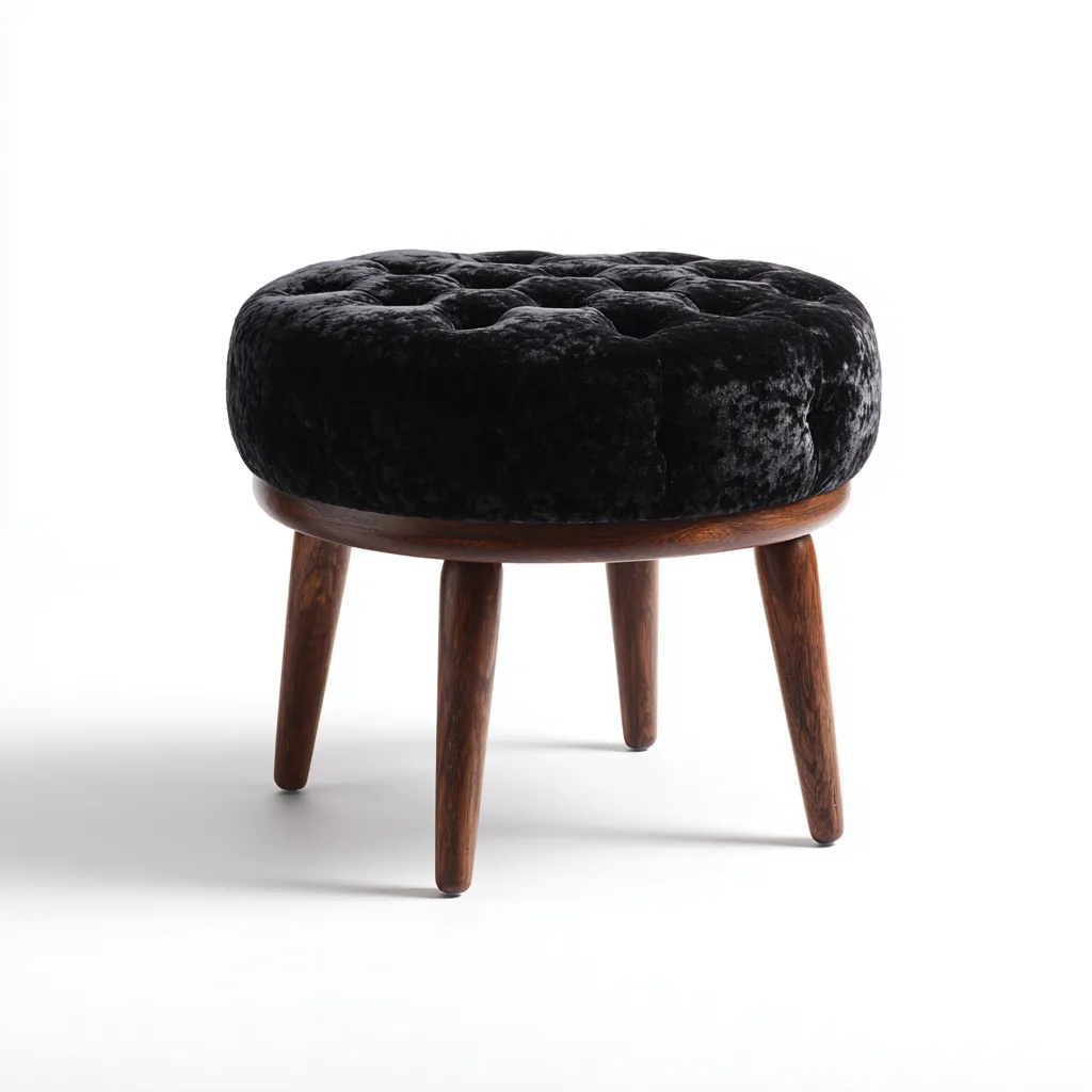 Pouf in velluto rotondo 40x40x45 cm - nero - gambe in legno - design moderno adatto al soggiorno-villaovae