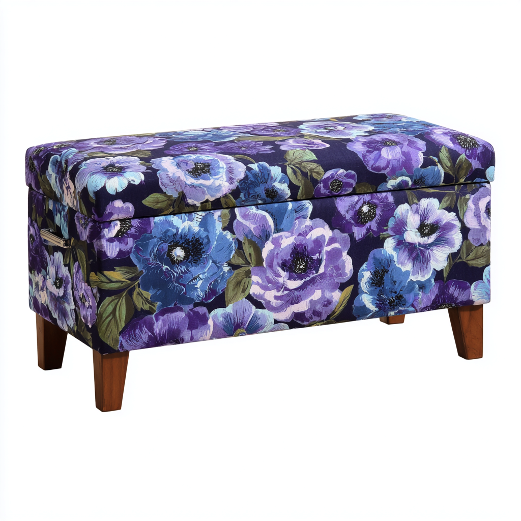 Panca per letto in tessuto floreale con contenitore 92x42x48 cm - blu - viola - adatta per camera da letto - design decorativo-villaovae