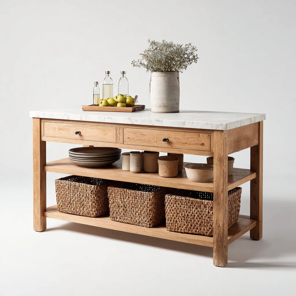 Isola da cucina-legno - marmo-140x70x90 cm-legno naturale - bianco-design moderno per cucina-villaovae