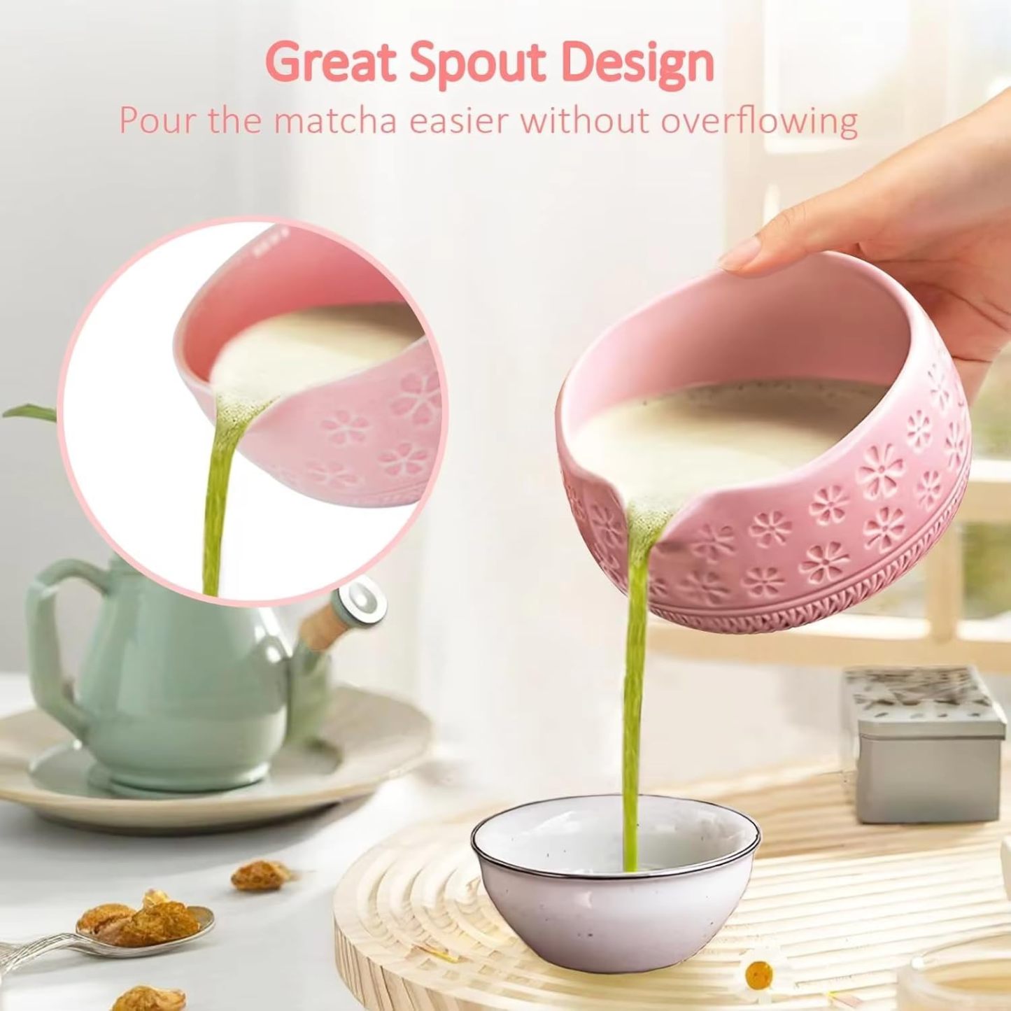 Japanese Style Matcha Bowl, 500 ml/18 oz Ceramic Matcha Bowl with Spout Japanese Ceremonial Matcha Chawan Mixing Bowl for Matcha Powder/Salad/Matcha Tea Ceremony (Green)