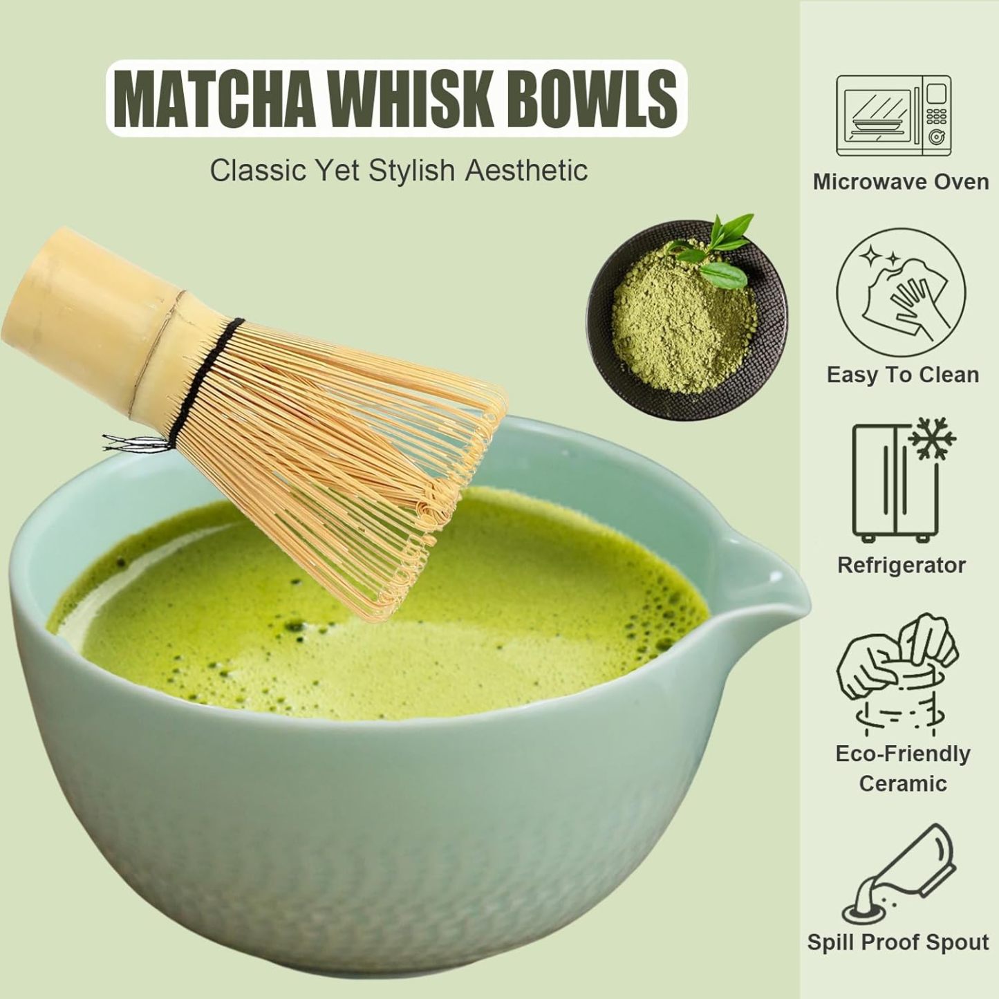 Japanese Style Matcha Bowl, 500 ml/18 oz Ceramic Matcha Bowl with Spout Japanese Ceremonial Matcha Chawan Mixing Bowl for Matcha Powder/Salad/Matcha Tea Ceremony (Green)