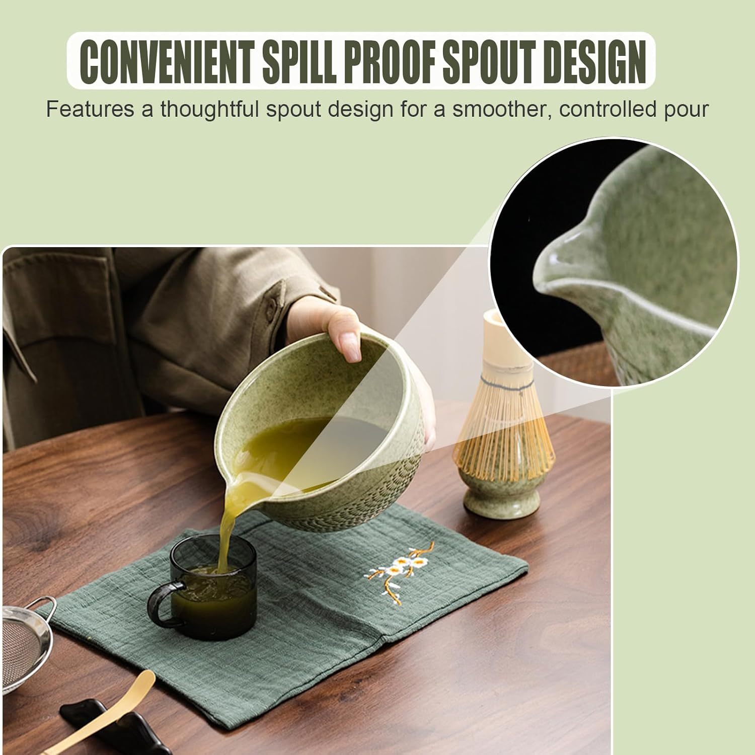 Japanese Style Matcha Bowl, 500 ml/18 oz Ceramic Matcha Bowl with Spout Japanese Ceremonial Matcha Chawan Mixing Bowl for Matcha Powder/Salad/Matcha Tea Ceremony (Green)