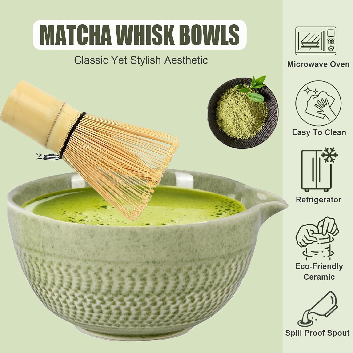Japanese Style Matcha Bowl, 500 ml/18 oz Ceramic Matcha Bowl with Spout Japanese Ceremonial Matcha Chawan Mixing Bowl for Matcha Powder/Salad/Matcha Tea Ceremony (Green)