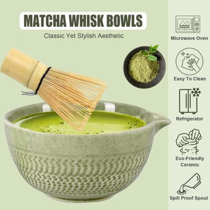 Japanese Style Matcha Bowl, 500 ml/18 oz Ceramic Matcha Bowl with Spout Japanese Ceremonial Matcha Chawan Mixing Bowl for Matcha Powder/Salad/Matcha Tea Ceremony (Green)