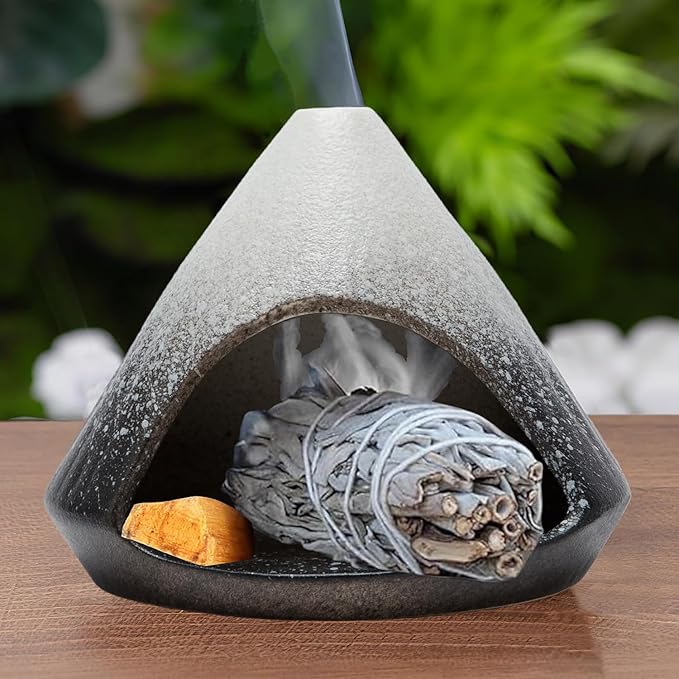 Palo Santo Holder, Mini Ceramic Zongzi Chimenea for Sage/Sticks/Cone, Modern Incense Burner for Yoga, Meditation, Energy Cleansing-Smudge Bowl with Ash Catcher, Anxiety Relief Gift for Women