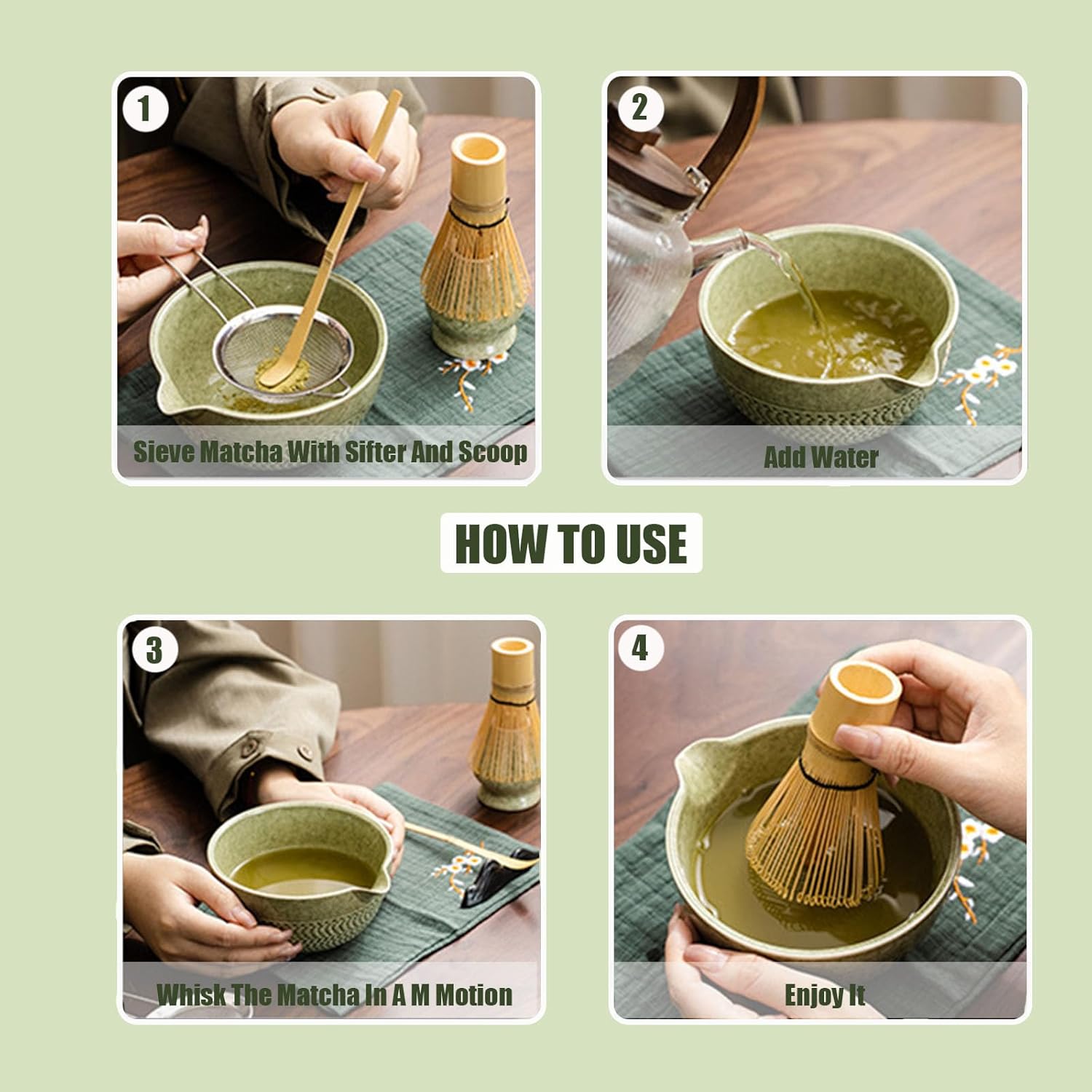 Japanese Style Matcha Bowl, 500 ml/18 oz Ceramic Matcha Bowl with Spout Japanese Ceremonial Matcha Chawan Mixing Bowl for Matcha Powder/Salad/Matcha Tea Ceremony (Green)