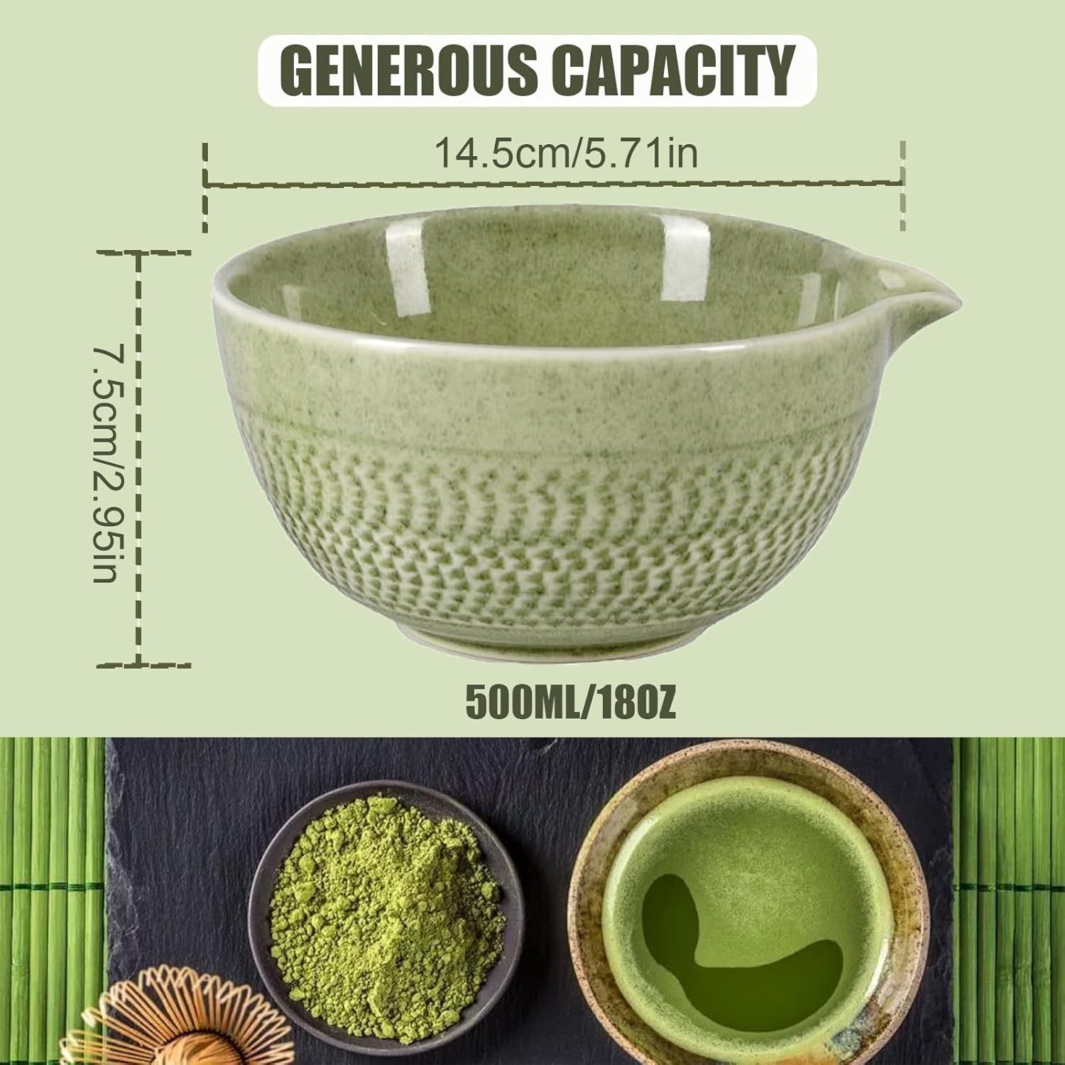 Japanese Style Matcha Bowl, 500 ml/18 oz Ceramic Matcha Bowl with Spout Japanese Ceremonial Matcha Chawan Mixing Bowl for Matcha Powder/Salad/Matcha Tea Ceremony (Green)