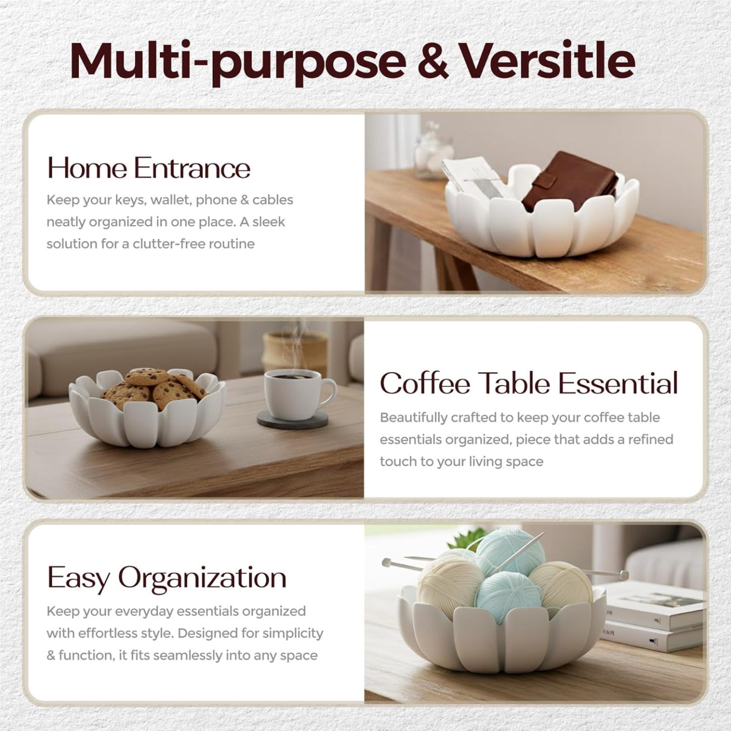 Decorative Bowl – Large Modern Centerpiece Bowl for Coffee Table, Countertop, or Kitchen Decor – Minimalist Handcrafted Accent Bowl for Living Room or Entryway/Key Bowl (White)