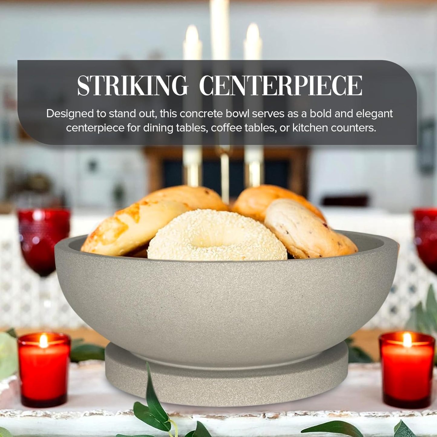 Decorative Concrete Fruit Bowl for Kitchen Counter – Elegant Pedestal Bowl with Smooth Finish for Home Decor | Handcrafted Key Bowl for Entryway Table, Coffee Table | 10.5in W x 4.25in L