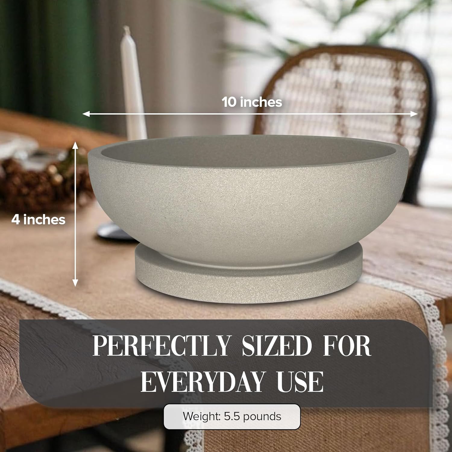 Decorative Concrete Fruit Bowl for Kitchen Counter – Elegant Pedestal Bowl with Smooth Finish for Home Decor | Handcrafted Key Bowl for Entryway Table, Coffee Table | 10.5in W x 4.25in L