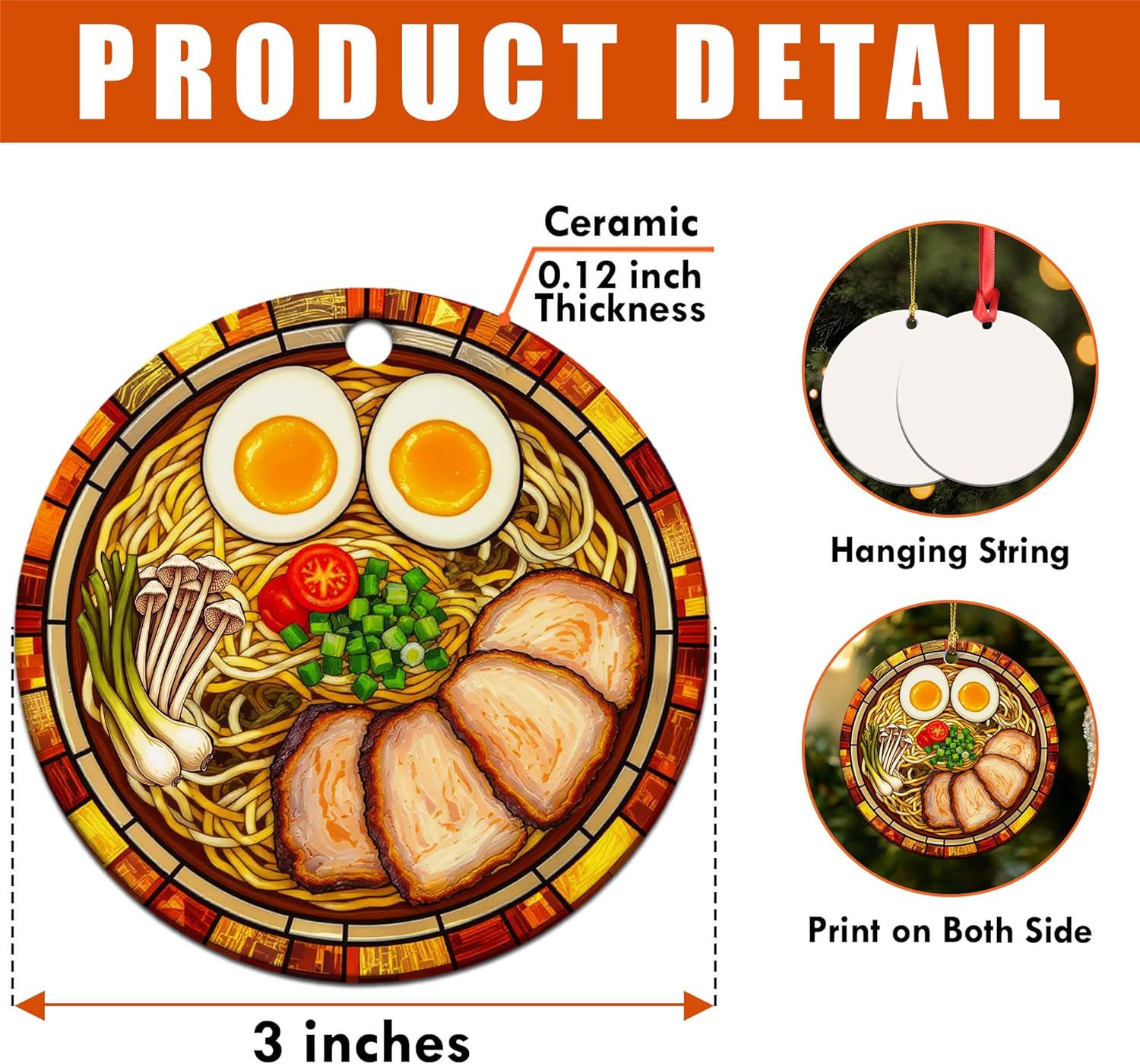 Ramen Ornament for Noodle Ramen Lovers, Women, Men - Food Ornaments for Christmas Tree - Noodles Bowl Ceramic Ornament