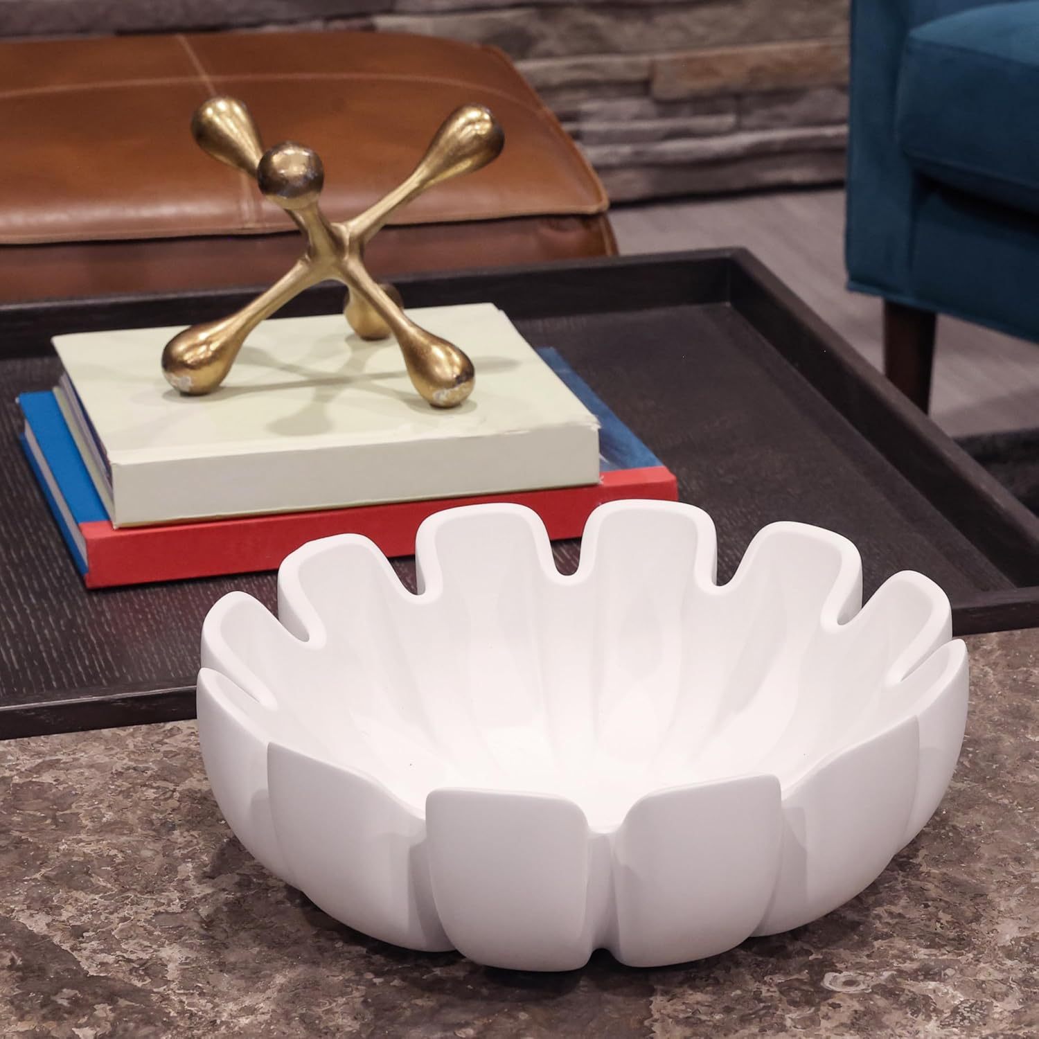 Decorative Bowl – Large Modern Centerpiece Bowl for Coffee Table, Countertop, or Kitchen Decor – Minimalist Handcrafted Accent Bowl for Living Room or Entryway/Key Bowl (White)