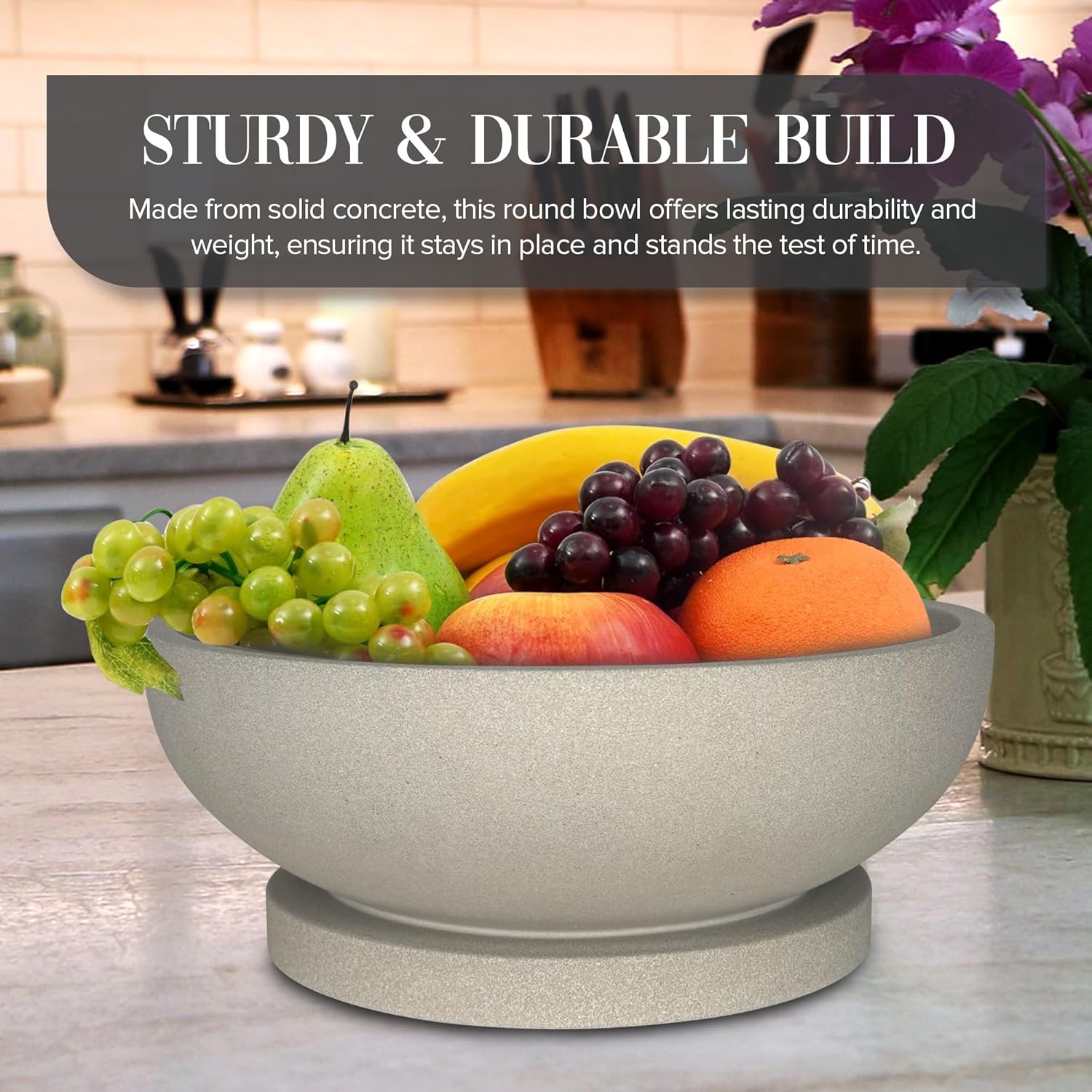 Decorative Concrete Fruit Bowl for Kitchen Counter – Elegant Pedestal Bowl with Smooth Finish for Home Decor | Handcrafted Key Bowl for Entryway Table, Coffee Table | 10.5in W x 4.25in L