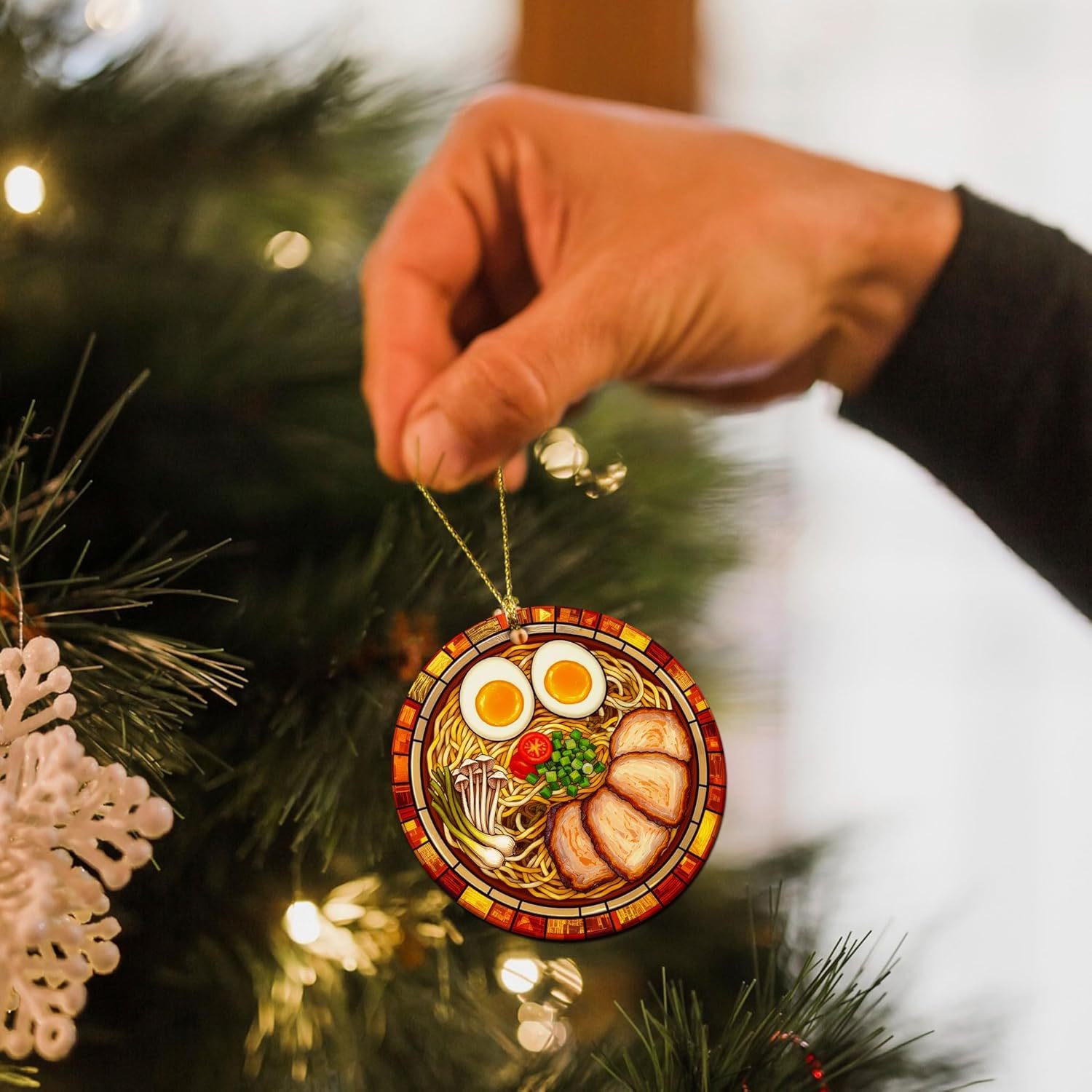 Ramen Ornament for Noodle Ramen Lovers, Women, Men - Food Ornaments for Christmas Tree - Noodles Bowl Ceramic Ornament
