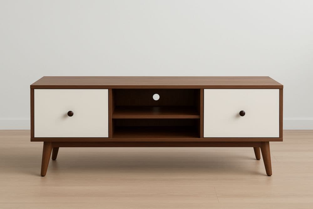 Mobile TV in legno Noce/Bianco 120x40x45cm con Ante e Ripiani-Baronilta