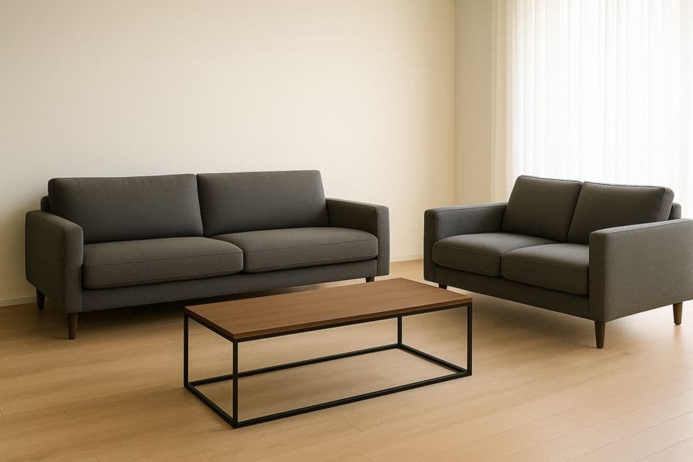 Set divani due e tre posti grigio scuro tessuto poliestere e tavolino da caffè legno metallo-Baronilta