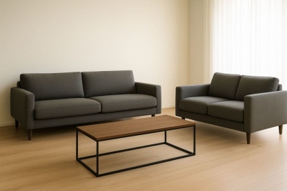 Set divani due e tre posti grigio scuro tessuto poliestere e tavolino da caffè legno metallo-Baronilta
