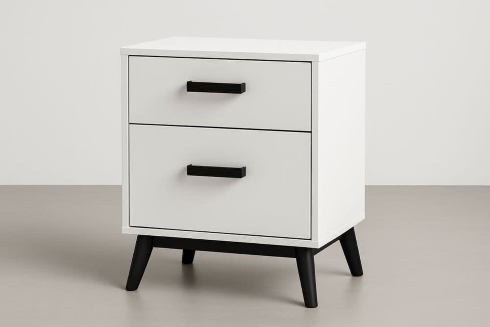 Comodino con 2 cassetti bianco in MDF e gambe nero in metallo-Baronilta
