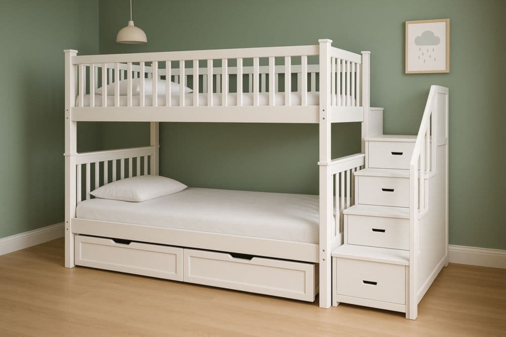 Letto a castello in legno con scala e cassetti Bianco 200x100x160 cm-Baronilta