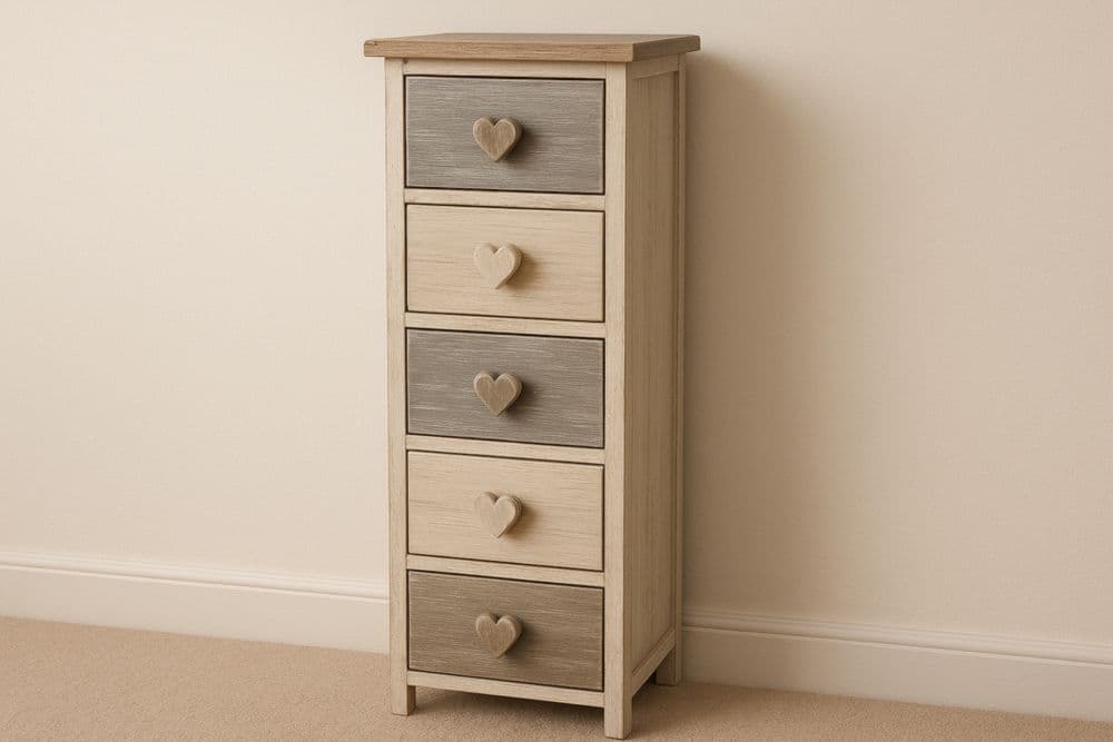 Cassettiera Verticale a 5 Cassetti con Maniglie a Forma di Cuore in Legno MDF Beige/Grigio-Baronilta