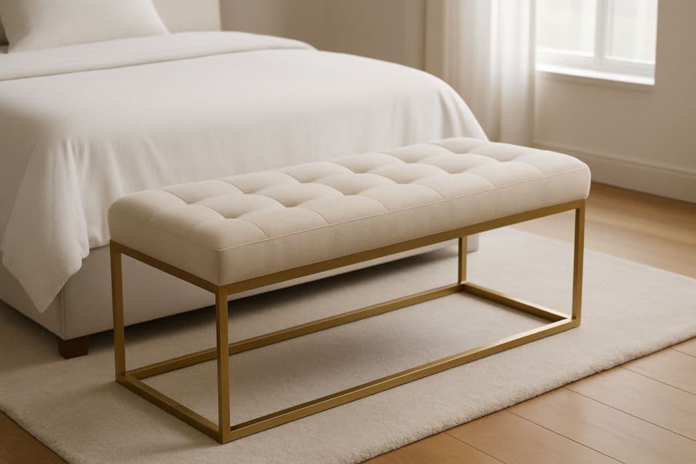 Panca Imbottita Rettangolare Crema Metallo Oro 120x40x45 cm-Baronilta