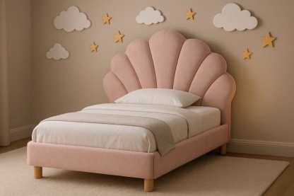 Letto singolo a conchiglia in tessuto rosa con testiera imbottita in poliestere 200x100x100 cm-Baronilta