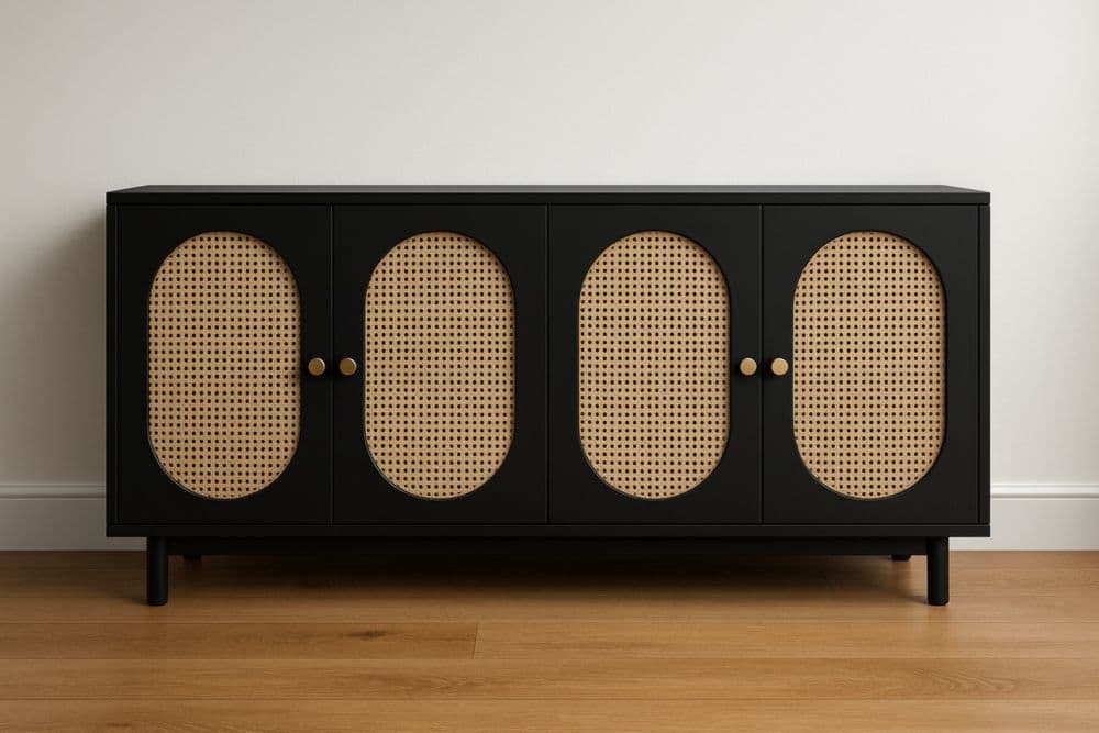 Credenza in legno e rattan con ante in tessuto Vienna nero 150cm-Baronilta