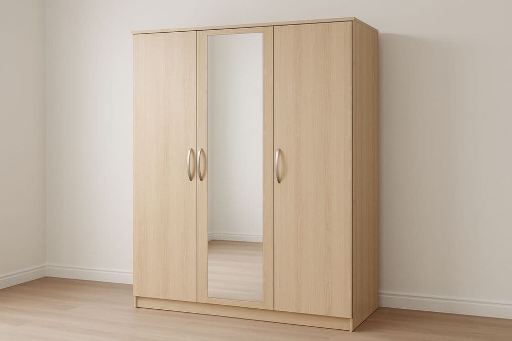 Armadio a 3 ante con specchio pannelli truciolari rovere naturale 200x150x60cm-Baronilta