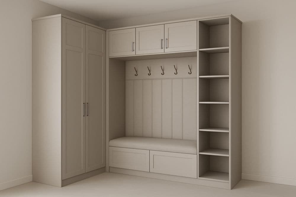 Mobile ad angolo con panca e mensole in MDF beige-Baronilta