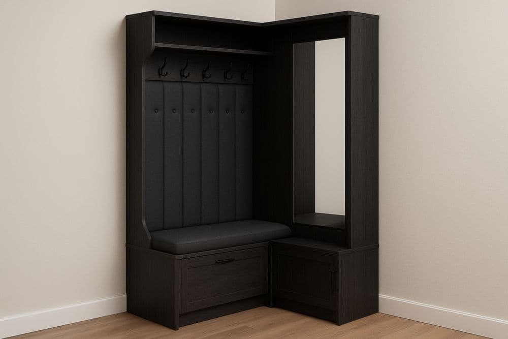 Guardaroba Angolare con Panca Imbottita Specchio MDF Nero 195x120x60 cm-Baronilta
