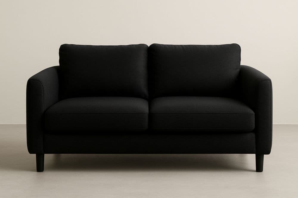 Divano a due posti nero in tessuto poliestere con cuscini imbottiti 150cm x 85cm x 80cm-Baronilta