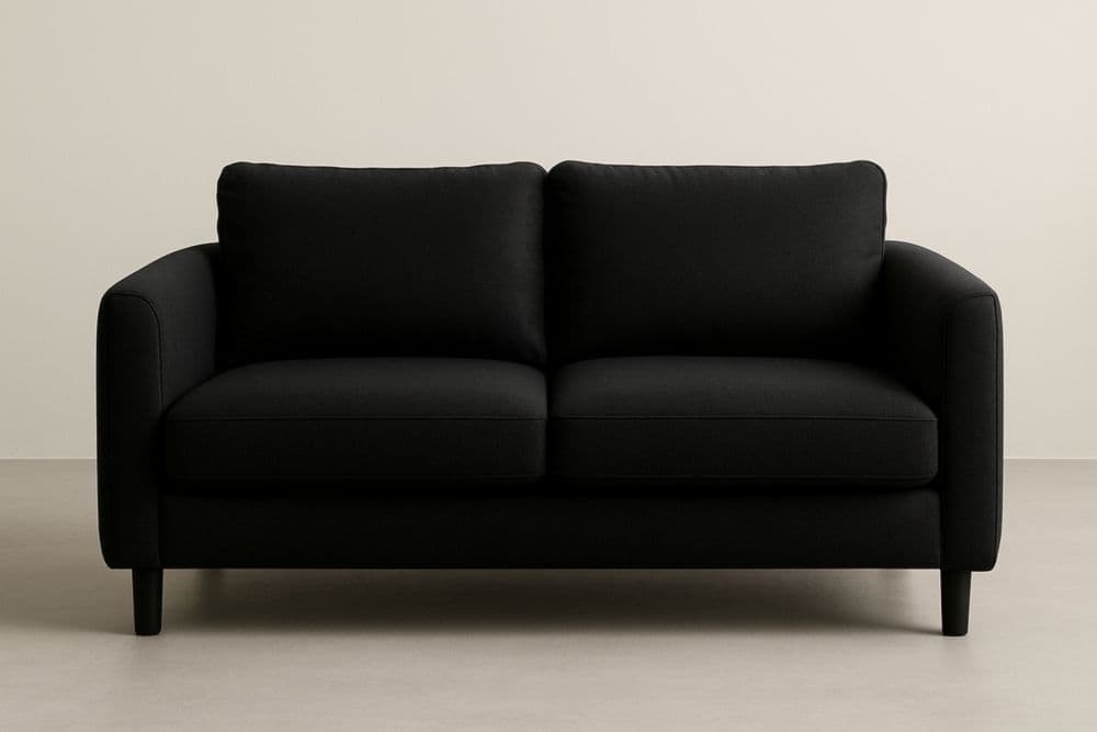 Divano a due posti nero in tessuto poliestere con cuscini imbottiti 150cm x 85cm x 80cm-Baronilta