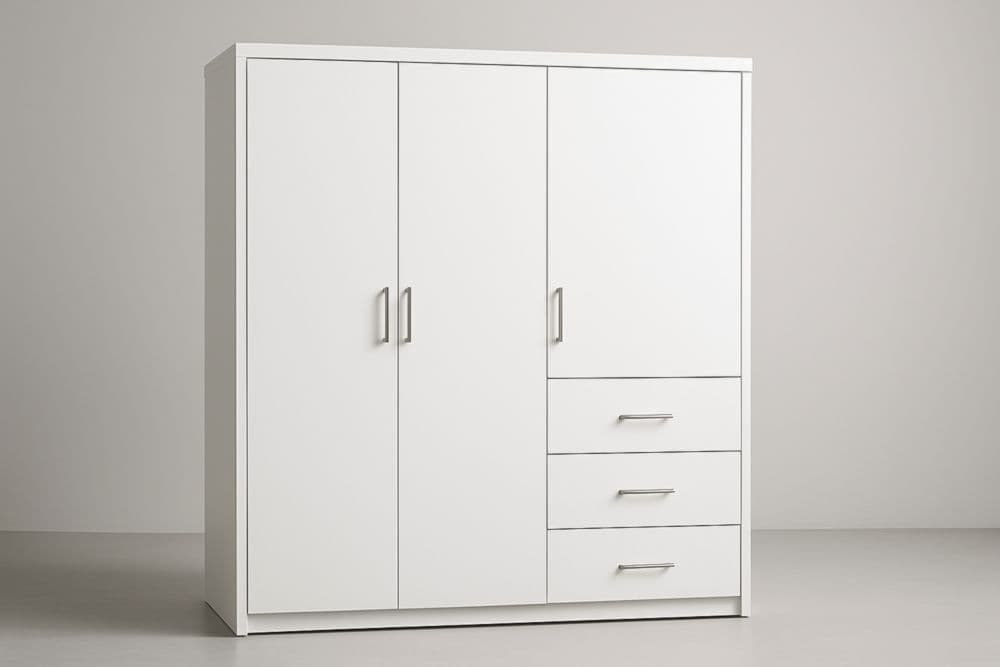 Armadio a Tre Ante e Tre Cassetti in MDF Bianco 200x150x60 cm-Baronilta