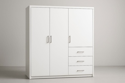 Armadio a Tre Ante e Tre Cassetti in MDF Bianco 200x150x60 cm-Baronilta