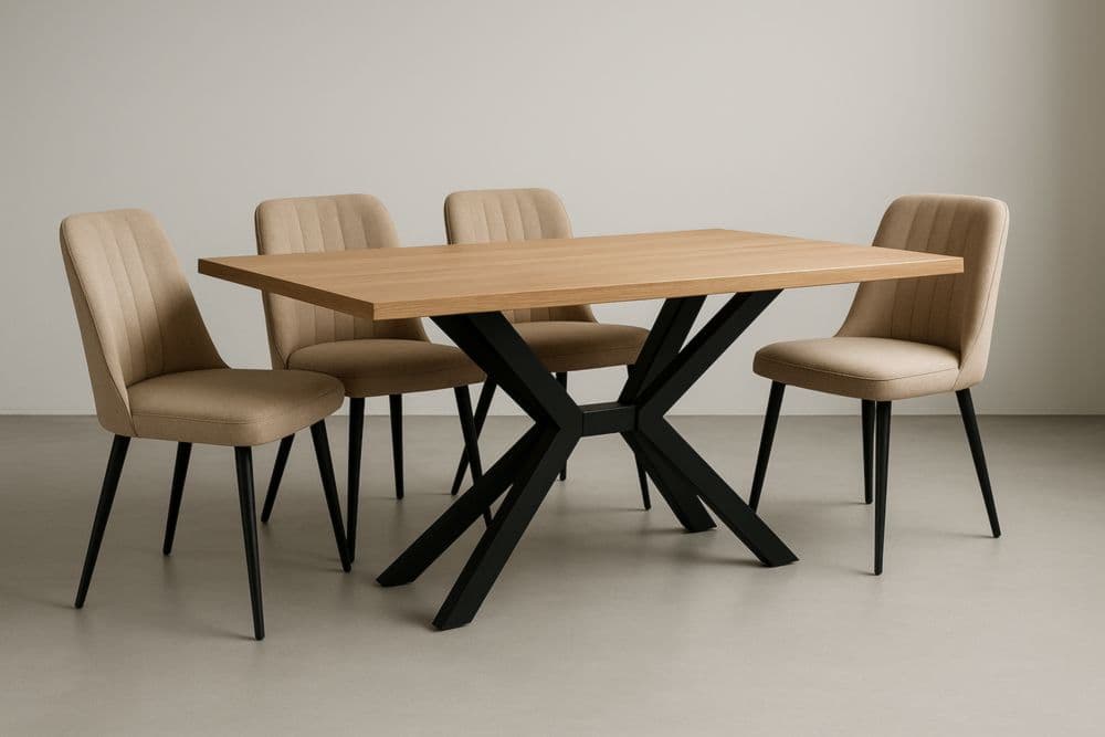 Set tavolo da pranzo rettangolare in legno e sedie in tessuto beige-Baronilta