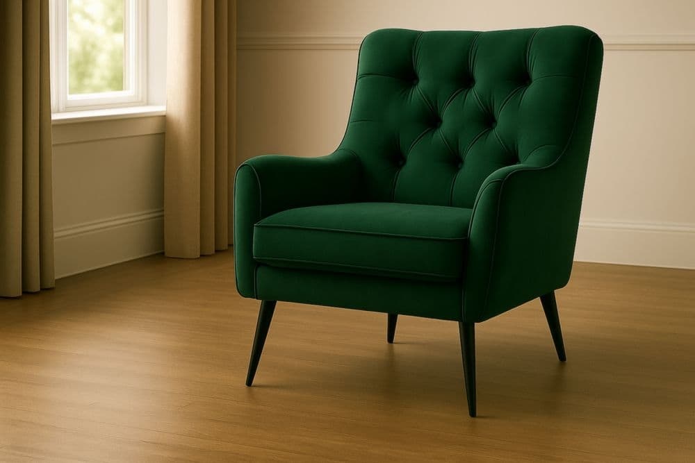 Poltrona in velluto verde con gambe in legno, dimensioni 85x75x95 cm-Baronilta