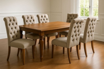 Set tavolo da pranzo rettangolare in legno massello con 6 sedie imbottite in tessuto beige-Baronilta