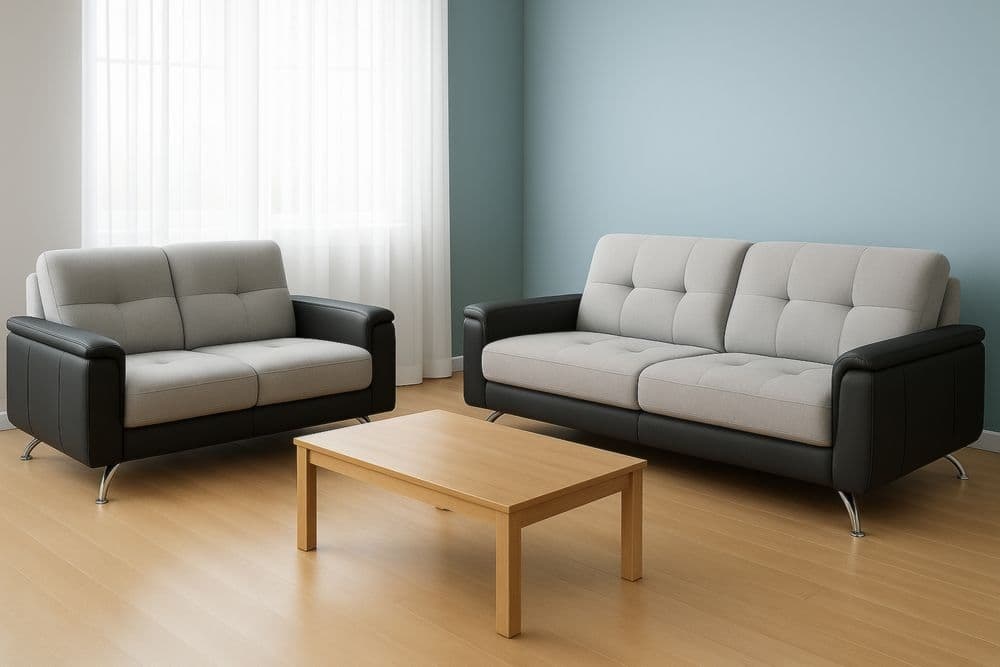 Set divani 3 posti e 2 posti con tavolino da salotto in legno, tessuto grigio e similpelle nera-Baronilta