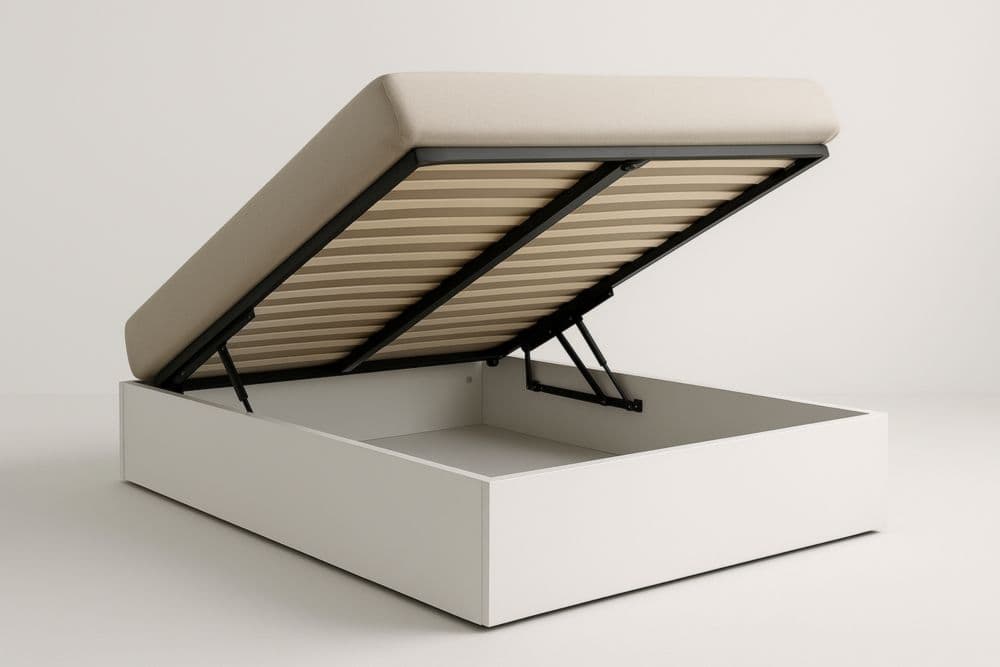 Letto contenitore matrimoniale con struttura in legno e rivestimento in tessuto beige 160x200 cm-Baronilta
