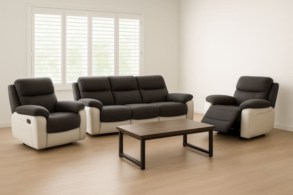 Divano Reclinabile in Similpelle/Tessuto Grigio/Beige Set 3+2 Poltrone con Tavolino-Baronilta