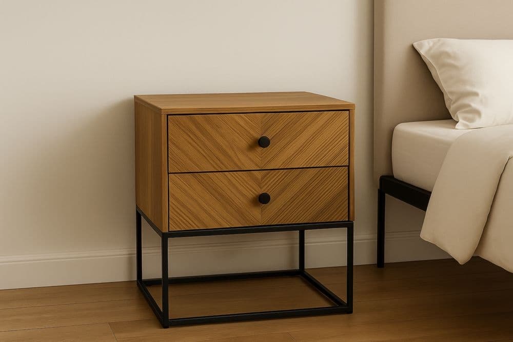 Comodino in legno a 2 cassetti con struttura in metallo nero, 60x40x55 cm-Baronilta