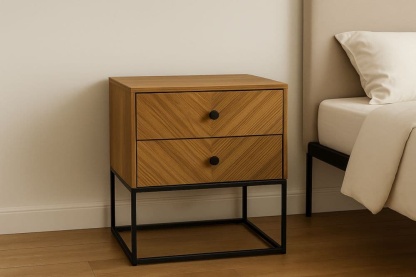 Comodino in legno a 2 cassetti con struttura in metallo nero, 60x40x55 cm-Baronilta