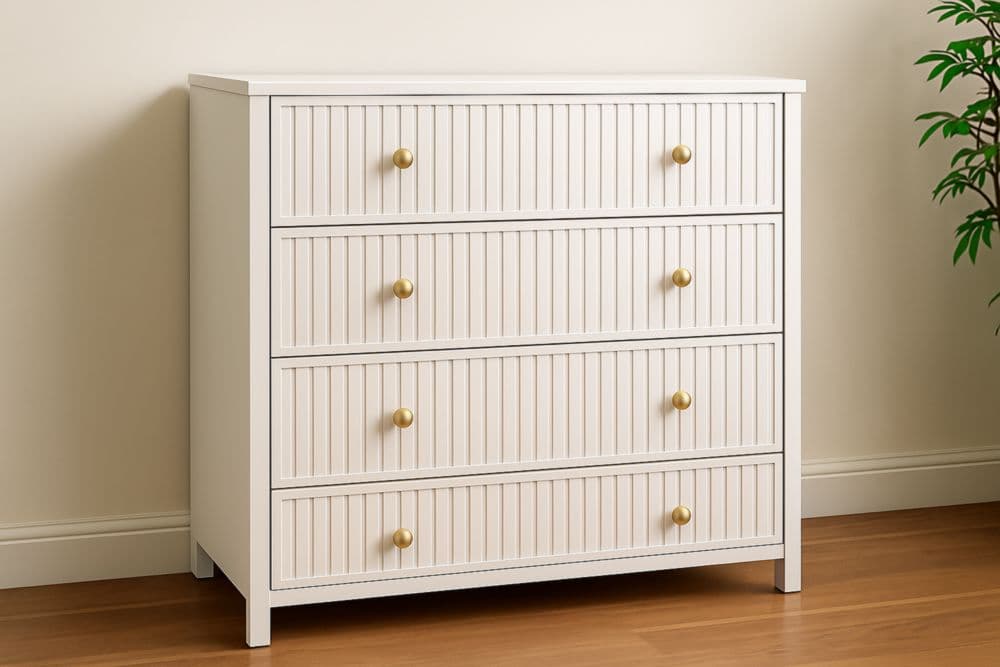 Cassettiera 4 cassetti legno MDF bianco maniglie ottone 90x80x40cm-Baronilta