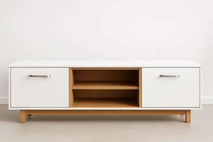 Mobile TV in MDF bianco con ripiani in legno e due ante 150x40x50 cm-Baronilta