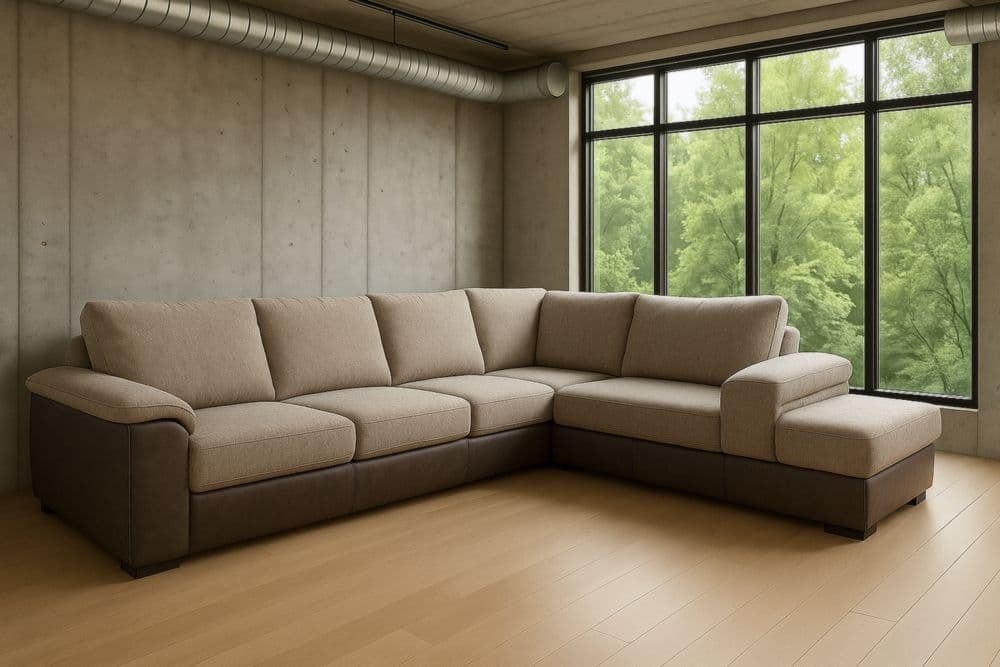 Divano angolare in tessuto beige e ecopelle marrone 250x160x85 cm-Baronilta