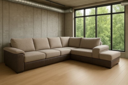 Divano angolare in tessuto beige e ecopelle marrone 250x160x85 cm-Baronilta