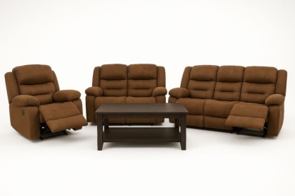 Set Salotto Recliner Tessuto Marrone 3 posti/2 posti/Poltrona e Tavolo Legno-Baronilta