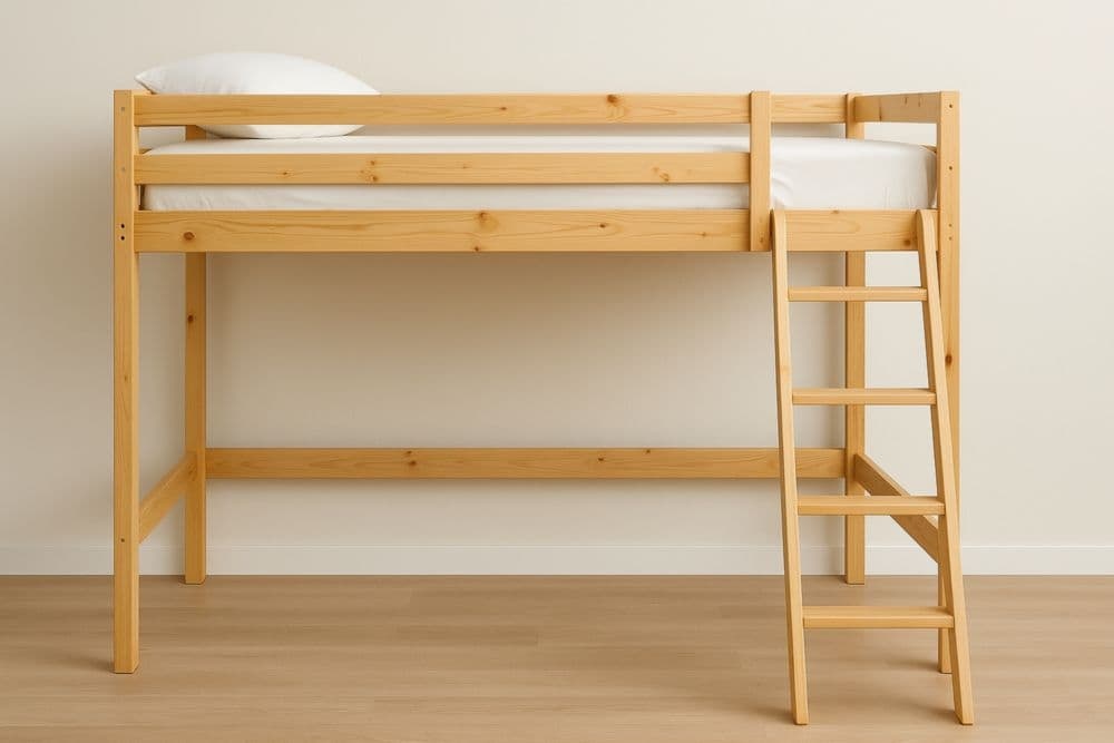 Letto a soppalco singolo in legno di pino naturale con scala integrata 200x90 cm-Baronilta