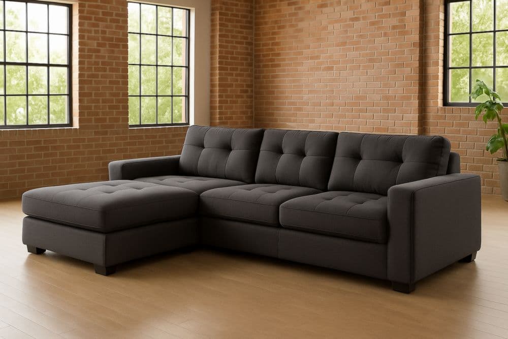 Divano angolare in tessuto poliestere grigio con chaise longue L300cm-Baronilta